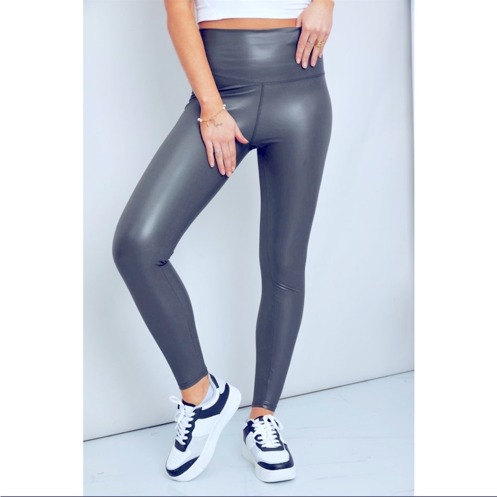 David Lerner Black Faux Leather Wide Waistband Leggings Black sz M
